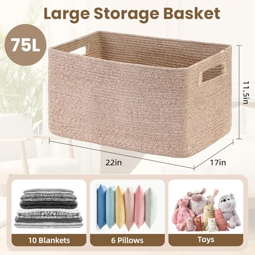 Optish 75L Large Blanket Basket, Woven Storage Baskets with Reinforced Handles, Rope Laundry Basket for Living Room, Bedroom, Nursery, Toys, Clothes,Pillows, 22” x 17” x 11.5”, Brown - color: Brown, size: 22" x 17" x 11.5"(75L)