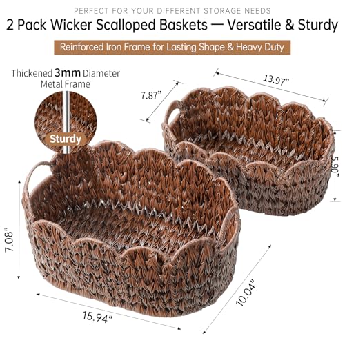 Coeusy Wicker Scalloped Basket Set of 2,Woven Storage Baskets for Shelves,Closet,Laundry,Gift,Towels,Books,Toys,Waterproof Cute Decor Basket for Organizing,Brown - color: Brown