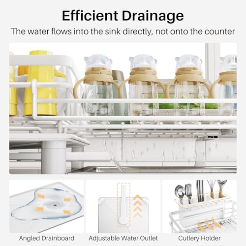 SNTD Dish Drying Rack - Extendable Dish Rack, Large Sink Drying Dish Drainer for Kitchen Counter, Stainless Steel Dish Strainer with Utensil Holder (White) - color: White