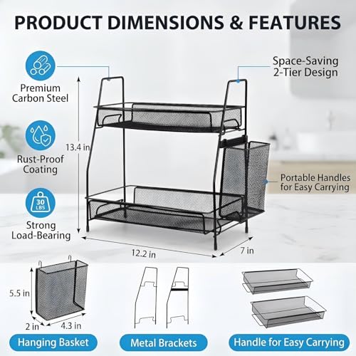 LEMIKKLE 2-Tier Bathroom Countertop Organizer,Skincare, Makeup Countertop Organizers, Kitchen, Bathroom Counter Storage with Small Basket (Black) - color: Black (Size: 7" x 12" x 13")