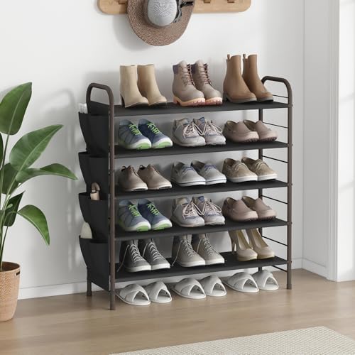 SUOERNUO Shoe Rack Storage Organizer 5 Tier Free Standing Metal Shoe Shelf Shoe Organizer with Side Shoes Pockets for Entryway Closet Bedroom, Bronze - color: Bronze, size: 5 Tier