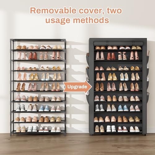 Shoe Rack with Cover, 10 Tier Shoe Organizer Storage for 40-50 Pairs Sneaker and Boots, Large Capacity, with 8 Pockets, Free Standing Tall Shoe Rack for Front Door Entrance, Closet - color: Black