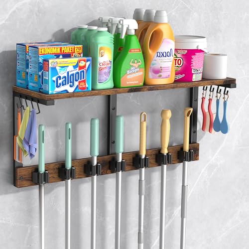 Housolution Broom Holder Wall Mount with Cleaning Supplies Organizer, 100 LBS High Load-Bearing Laundry Room Storage Shelves, Multifunctional Mop Hanger Rack with 7 Grippers & 8 Hooks - size: 1 Tier