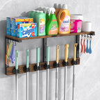 Housolution Broom Holder Wall Mount with Cleaning Supplies Organizer, 100 LBS High Load-Bearing Laundry Room Storage Shelves, Multifunctional Mop Hanger Rack with 7 Grippers & 8 Hooks - size: 1 Tier