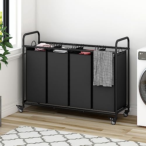 Laundry Sorter 4 Section Hamper Sorter with Heavy Duty Lockable Rolling Wheels Removable Bags Basket Separator for Dirty Clothes Storage,Black - size: 4 Bags Black