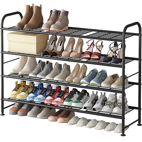 LINZINAR Shoe Rack Long 4 Tier Shoe Storage Organizer Metal Wide Shoe Shelf for Closet Entryway Bedroom 24 Paris Large Capacity, Gold Black - color: Black, size: 4-Tier