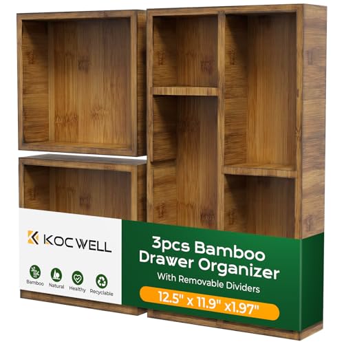 KOCWELL Bamboo Desk Drawer Organizer with Removable Dividers,Multi-Use Office Drawer Organizer Tray,Junk Drawer Organizers for Office,School,Kitchen,Makeup Supply（Carbon Brown） - color: Carbon Brown
