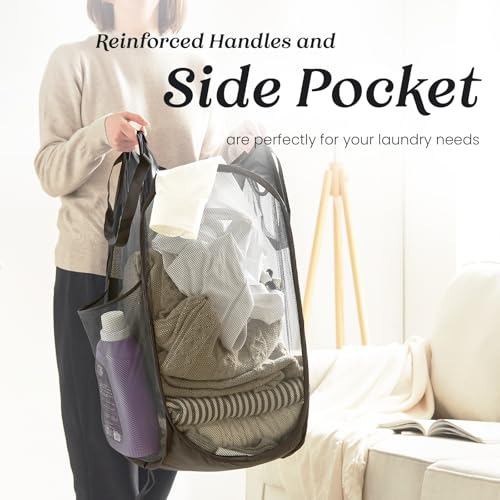 Collapsible Mesh Pop Up Laundry Hamper with Sturdy Handles and Side Pocket - Portable Foldable Clothes Baskets for Dorm, Bathroom & Travel Storage (Black) - color: Black, size: 1 Pack