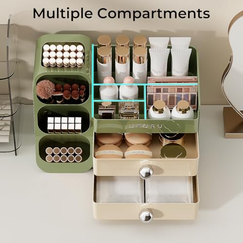 Makeup Organizer for Vanity with Brush Holder, Large Plastic Bathroom Countertop Skincare Organizer with 2 Drawers, Spacious Cosmetic Display Case for Perfumes, Eyeshadow Palettes, Nail Polishes - color: Green, size: Large