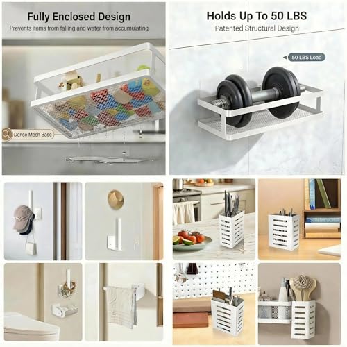 PUSDON 5-in-1 Shower Caddy & Kitchen Organizer Set, Wall Mount Wide Spice Rack with Paper Towel Holder, Utensil Holder, Soap Dish, Rustproof Mesh Baskets Hold 50LBS - White, Guardrail - color: White, size: 5-in-1 Minimalist (12.6" Wide)
