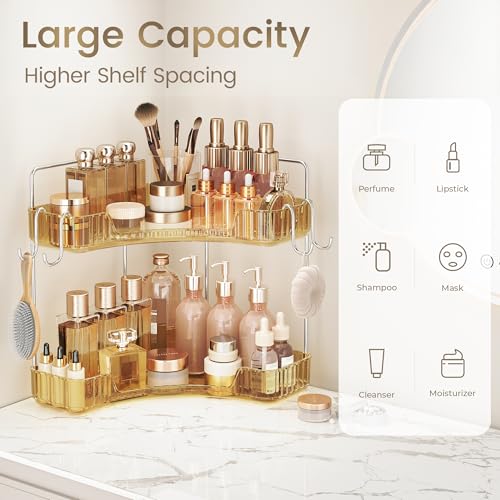 Golden Corner Counter Organizer, 2 - Tier Bathroom & Kitchen Storage Tray with Hooks | PET Vanity Organizer for Skincare, Makeup & Jewelry - color: Gold, size: 2 Tier