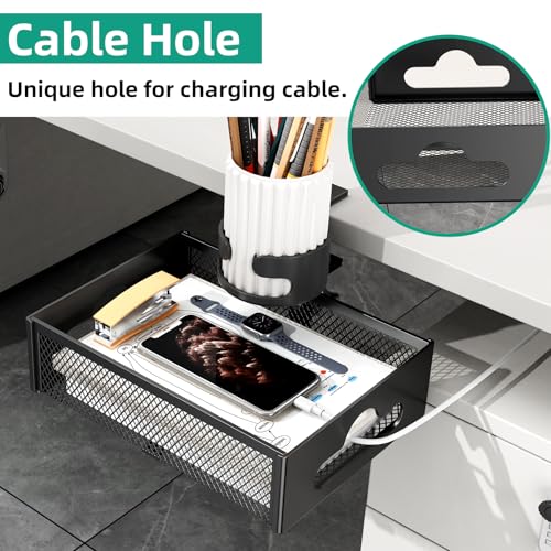 CABTE Desk Cup Holder with Drawer Organizer, Anti-Spill Clip-On Table Cup Hook with 360° Rotation Hidden Storage Box for Office Home Gaming Table (Black) - color: Black