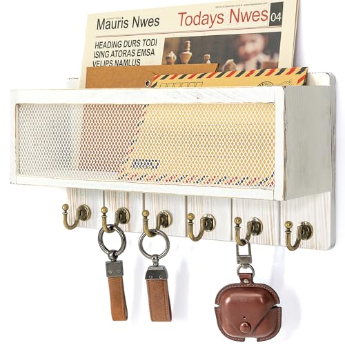 Rebee Vision Pine Wooden Key Holder Wall Mount with Mail Organizer Basket – Rustic Farmhouse Wall Decor for Living Room – Vintage Key Rack & Storage Organizer for Home Essentials (Whitewash) - color: Whitewash