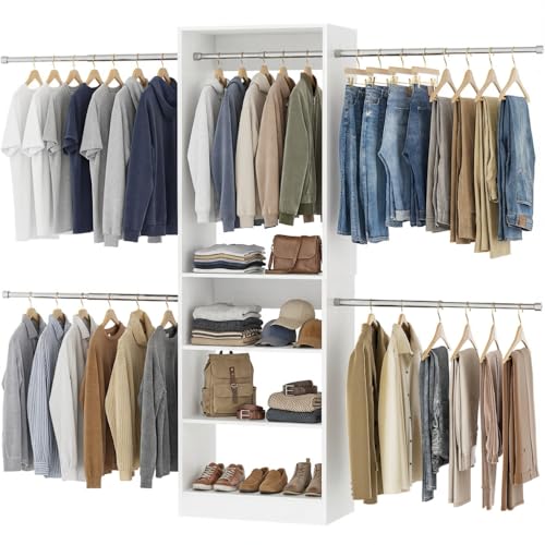 Homieasy Closet System, 4.5-11.5 Ft Expandable Closet Organizer with 5 Hanging Rods, Walk-in Wood Closet Organizer System with Storage Tower, Heavy Duty Garment Rack Wardrobe for Bedroom, White - color: White