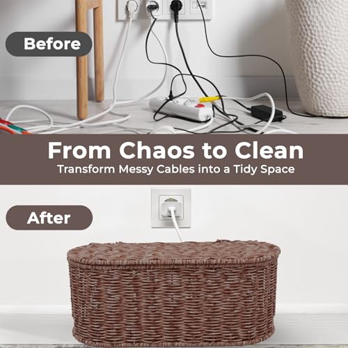 Cable Management Box, Handmade Rattan Cable Organizer, 2 Open Slots Cords Hider Box, Under Desk Cord Organizer for Computer Router USB Hub & Power Strip, Patent Pending, 15.9" x 6.5" x 6.5", Brown - color: Brown, style: Oval