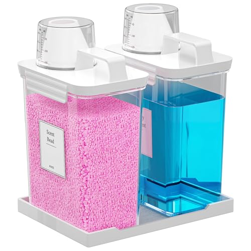 61OZ Laundry Detergent Dispenser Container, 2 Pack Liquid Laundry Dispenser, Plastic Detergent Dispensers for Laundry Powder/Fabric Softener with Tray 6 Labels, Clear - color: 2Pack 61OZ With Tray