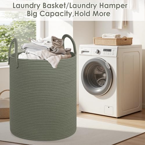 Laundry Basket,18x18X22 Cotton Rope Storage Basket with Handles,Kids Girl Baby Laundry Hamper,Dirty Clothes Hamper,Blanket Basket for Living Room,Nursery Hamper,Room Decor,Green - color: Green, size: 100L