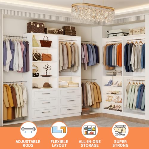 Closet System with 4 Sets, 8–21 FT Closet System with 6 Drawers, 9 Shelves & 8 Hanging Rods, Max 252″ Closet Organizer System for Walk in Closets, Modular Custom Wood Closet Kit, White
