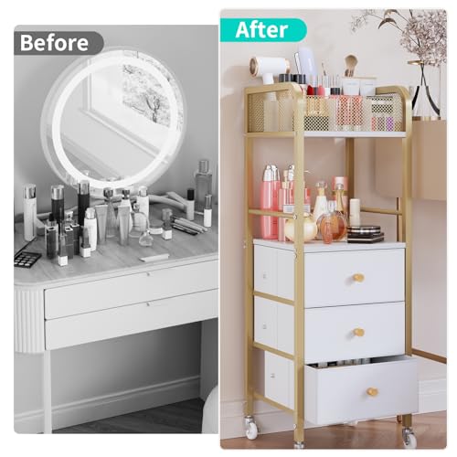 HapiRm Rolling Makeup Cart Organizer - Floor Skincare Make Up Storage with 3 Non-woven Fabric Drawers, Vanity Organizer Cosmetic Display Cases Holder for Skin Care Perfume Nail Polish Brush Hair Tool - color: Gold