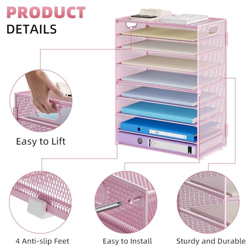 Marbrasse Paper Organizer Letter Tray, 9 Tier Mesh File Organizer with Handle, Paper Sorter Desk Organizer for Home Office Supplies - Pink - color: 9 Tier Pink