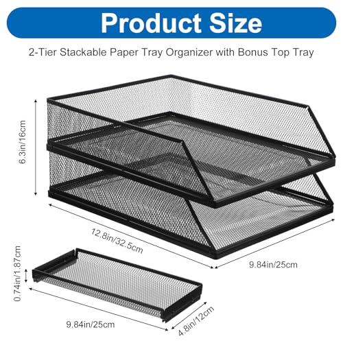 2-Tier Stackable Paper Tray Organizer with Top Tray, Metal Mesh Desktop File Holder & Document Sorter for Office, Home, Learning Places (Black)