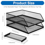 2-Tier Stackable Paper Tray Organizer with Top Tray, Metal Mesh Desktop File Holder & Document Sorter for Office, Home, Learning Places (Black)