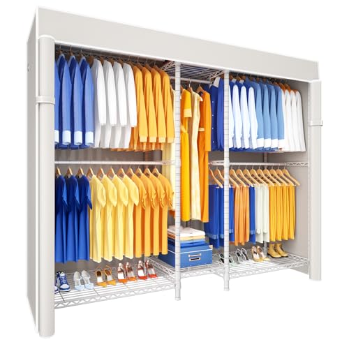 Ulif E12C Pro Heavy Duty Closet Organizer System，Freestanding Clothing Racks for Hanging Clothes，Adjustable Garment Rack 71"W x 16"D x 76.5"H Hold 960lbs，White Clothing Rack with White Dustproof Cover - color: White Rack With White Cover, size: E12C Pro