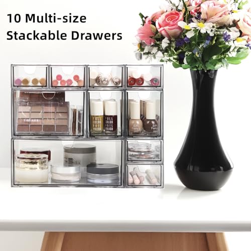 Acrylic Makeup Organizer, 10 Drawers Clear Storage Organizer Desktop Stackable Storage Drawers, Plastic Organizer Bins for Makeup, Stationery, Cosmetics, Vanity, Bathroom,Cabinet,Pantry Office Desk - style: 10 Drawers