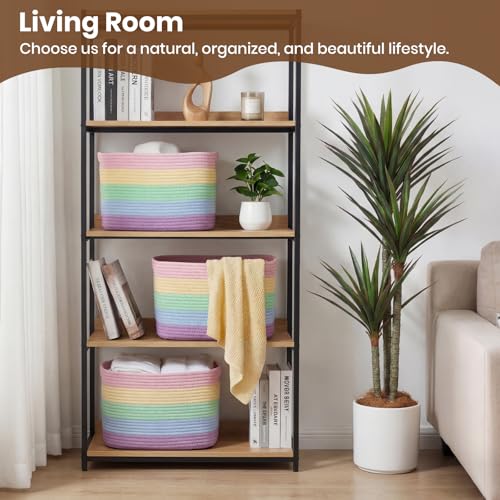 Storage Baskets for Organizing, 14 x 10 x 9” Closet Shelf Woven Baskets, Square Bins with Handles, Cotton Rope Basket for Toys, Clothes, Office, Room, Rainbow 1 Pack - color: Rainbow, size: 1pc