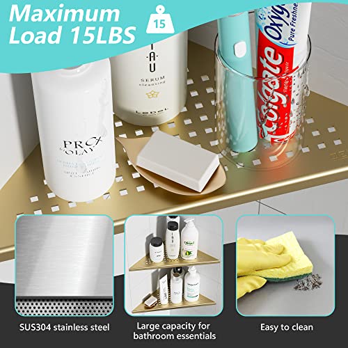 Qeke 2 Pack Bathroom Corner Shelf, Recessed 12" Corner Shower Shelf, SUS304 Stainless Steel Triangular Wall Mount, No Drilling, Brushed Golden - color: Brushed Golden, size: 12"- 2 Pack