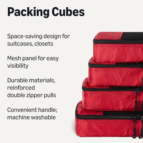 Amazon Essentials 4-Piece Space-Saving Packing Cubes Travel Accessories Set, Luggage Organizer with Double Zipper, Mesh Top, Polyester, Slim, Red (Previously Amazon Basics) - color: Red, size: 4 x Slim