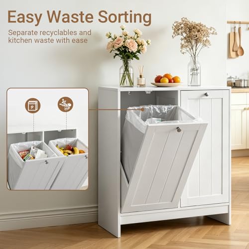 Haotian Tilt Out Trash Can Cabinet, Hidden Trash Can Cabinet with 2 Removable Bags, Double Laundry Hamper Cabinet, Narrow Storage Organizer for Kitchen, Bathroom, and Bedroom White DJ BZR001