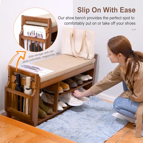 PETKABOO Shoe Bench with Hidden Drawer and Side Holder, 2 Tier Entryway Bench with Storage 39.4 in, Bamboo Shoe Rack with Cushion for Entryway Hallway Living Room Bedroom - size: 39.4 in