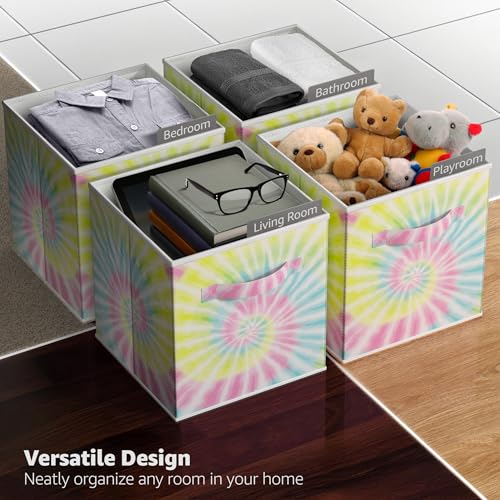 Sorbus 11 Inch Fabric Storage Cubes - Sturdy Collapsible Storage Bins & Handle - 6 Foldable Baskets for Organizing Clothes - Multi Colored Storage Baskets for Shelves (Light Tie-dye, 11 Inch) - color: Light Tie-dye, size: 11 Inch