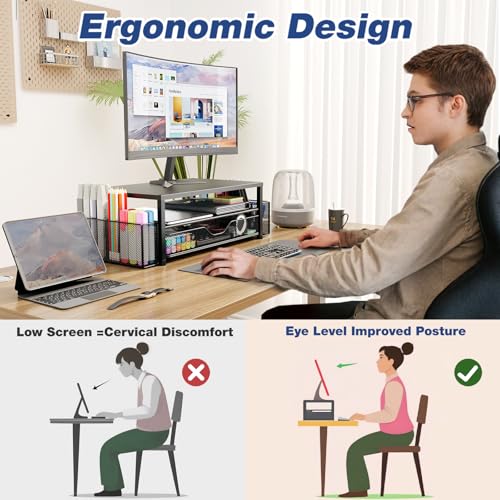 OPNICE Desk Organizer and Accessories, 2-Tier Computer Monitor Stand Riser with Drawer and 2 Pen Holders, Laptop Stand, Office Desk Accessories for Office Supplies, Black 2-Pack - color: Black 2-Pack