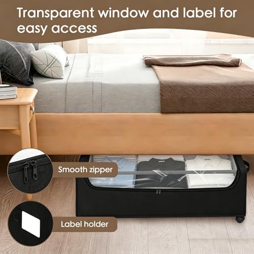 Under Bed Storage with Wheels, 2-Pack Under the Bed Storage Containers with Clear Lids & Label, Underbed Storage Bins, XXXL 85L 11 inches Rolling Metal Drawer for Clothes, Shoes, Toys, Books - Black - color: Black-2Pack, size: 11 inch-height