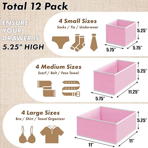 SIMPLE HOUSEWARE Foldable Drawer Organizer for Clothes/Underwear/Panty/Onesie Stocking Bin, Set of 12, Pink - color: Pink, size: Set of 12 - 4L / 4M / 4S