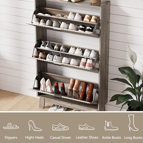 Shoe Cabinet Storage for Entryway with 3 Flip Drawers, Fluted Narrow Shoe Organizer with Wooden Legs, Freestanding Slim Shoe Storage Hidden Shoe Rack Organizer for Front Door Entrance, Hallway, Grey - color: Grey, size: 3 Drawer
