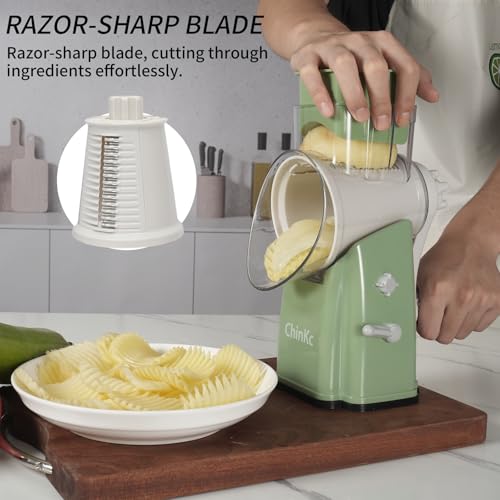 Upgrade Rotary Cheese Grater Shredder with Handle, Strong Suction Base, Multi-purpose Rotary Grater Slicer with 5 Interchangeable Blades for Ice, Vegetables, Fruit, Nuts with Blade Storage Box - color: White+Green