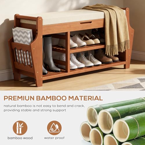oakvivo 39.4in Shoe Bench with 2 Side Holder, 3 Tier Bamboo Entryway Bench with Storage, Shoe Rack Bench Organizer with Cushion for Entryway Hallway Living Room, Holds up to 330lbs - size: 39.4 inch