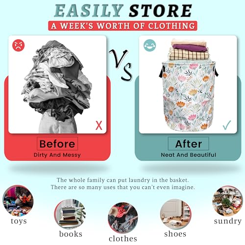 Beautiful Floral Laundry Basket Foldable With Handles Tote Bag Oxford Cloth Colorful Flowers Laundry Hamper Clothes Storage Bucket Toy Organizer 18.9" x 16.5" For Bathroom/Laundry/Bedroom - color: Cute Floral Beautiful Flowers