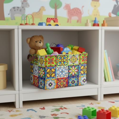 Mexican Talavera Decoration Storage Basket Waterproof Canvas Toy Storage Bin Collapsible Outdoor Basket with Leather Handles Mexican Talavera Decor Blanket Baskets For Closets,Bedrooms,Gifts Baskets - color: Mexican Talavera Decoration