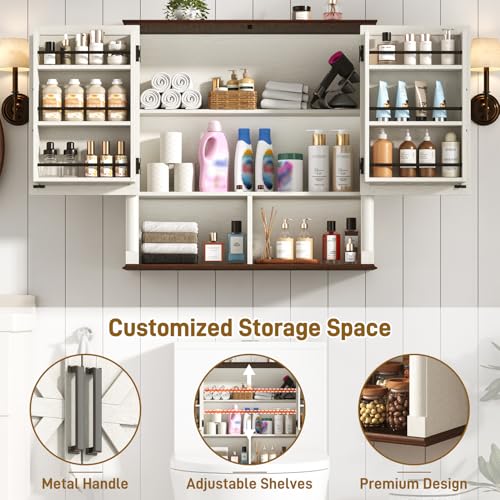 Farmhouse Bathroom Storage Cabinet,Double Wooden Bathroom Wall Cabinet with Roman Column Decor, Farmhouse Medicine Cabinets w Barn Doors,Storage Cabinets Wall Mounted for Kitchen(Rustic White) - color: Rustic White, style: Wall Double Storage Cabinet