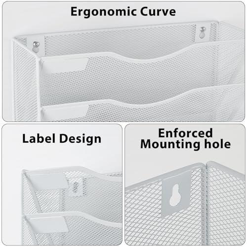 LEKETREE Hanging Wall File Organizer with Office Assorted, 5 Pockets Mesh Wall Mounted File Folder Holder for Mail, Paper, Document, Binder, Magazine, Menu (White) - color: White