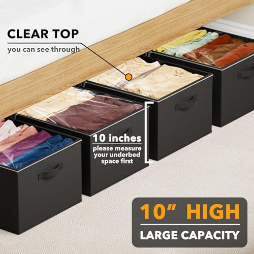 SpaceAid 4 Pack 10" High Under Bed Storage Containers, Large Underbed Storage Organizer Bins with Lids for Bedroom, Dorm, Clothes, Closet Organization, Bed Sheets and Blankets (Black) - color: Black