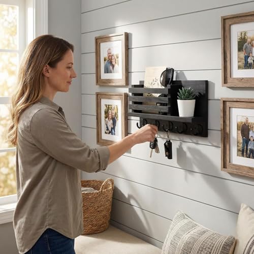 Wall Key and Mail Holder, Mail Organizer with 5 Metal Key Hooks, Selected Tung Wood, 11.8 x 6.7 inches, Includes mounting Hardware (Black) - color: Black