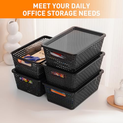 Plastic Storage Baskets With Lid, Storage Bins for Organizing, Stackable Decorative Containers for Shelves Drawers Desktop Closet Playroom Classroom Office, 6 Pack-Black - color: Black, size: 6 Pack