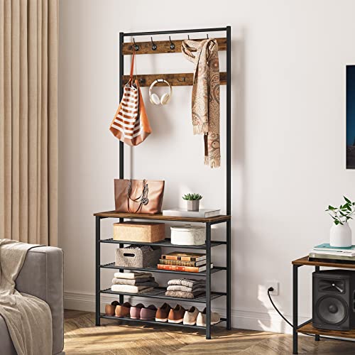 HOOBRO Hall Tree, Coat Rack with Shoe Rack, Hall Tree with Bench, 5 Tier Shoe Storage Organizer with 9 Hooks for Entryway, Closet, Sturdy, Industrial, Rustic Brown and Black BF80MT01G2 - color: Rustic Brown + Black, size: 31.5"L x 12.6"W x 74.8"H