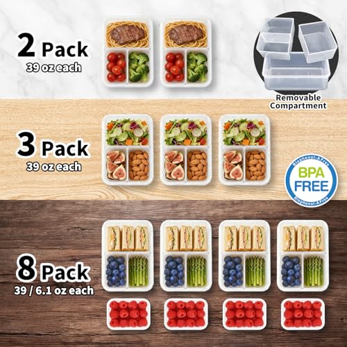 KIGI Meal Prep Containers for Adult Lunch & Snacks, Leak-Proof, BPA-free Plastic, Removable Divided Inserts, Airtight lids, 3 Compartment Food Storage, Microwave Safe, Bento Box, 4.7 Cup, 12 Piece Set - size: 4.7 cup (12-Piece)