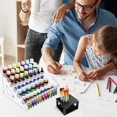 GRETJOB 4 Pcs Clear Acrylic Paint Organizer Rack with 2 Brush Holder, 7 Layer Acrylic Paint Tube Organizer, Snap-On Craft Organizers and Storage for Versatile Storage, No-Tools Setup & Quick Access - color: 4 Set